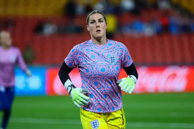 England keeper Mary Earps warms up ahead of the Haiti game.