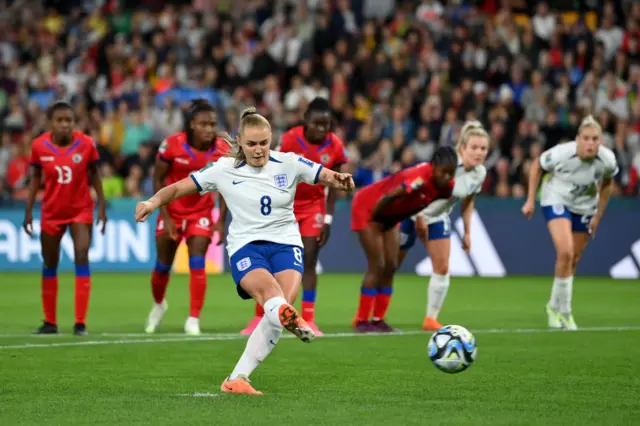 Georgia Stanway fires her second penalty attempt towards goal.