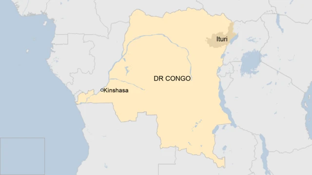 A map of the Democratic Republic of Congo, showing Ituri province.