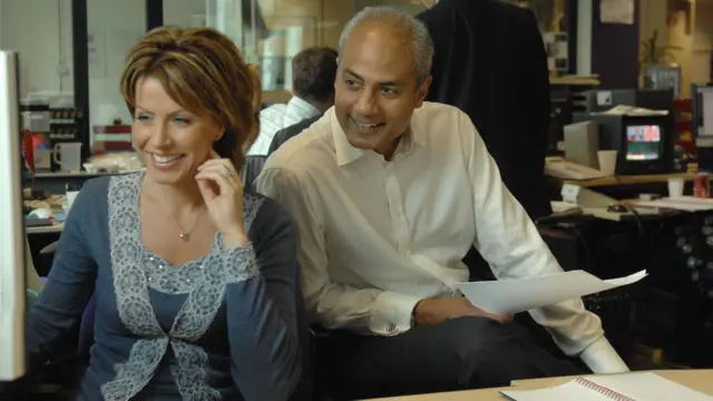 George Alagiah and his then-co-anchor Natasha Kaplinsky prepare for the BBC's Six O'Clock News at Television Centre, 2007