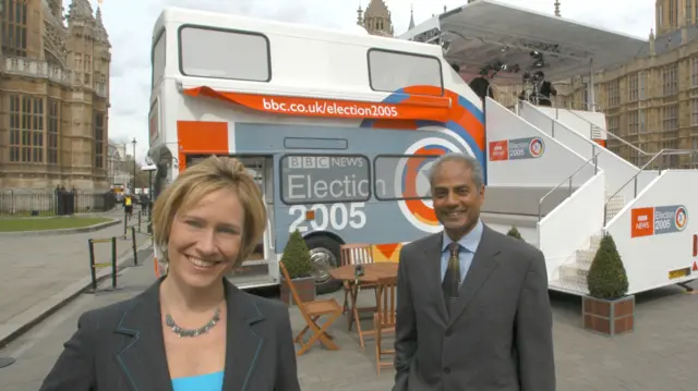 Presenters Sophie Raworth and Alagiah outside the House of Commons