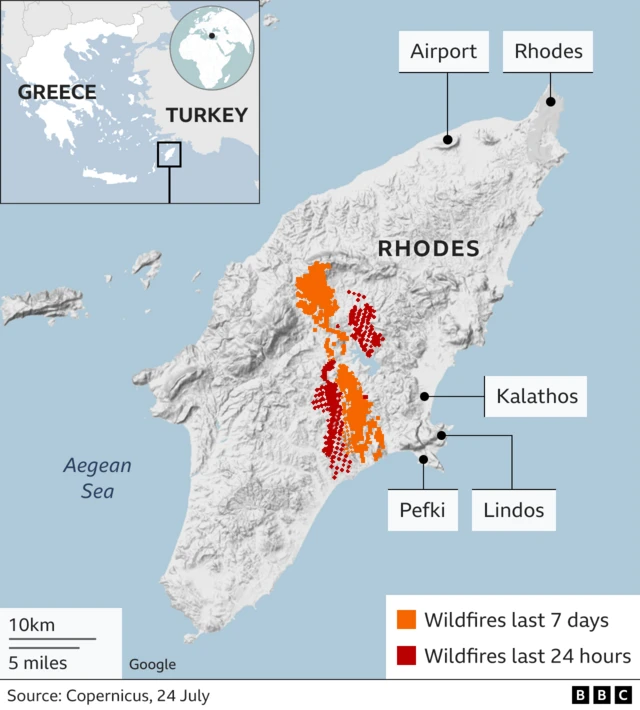 A map showing how fires have spread across Rhodes over the last seven days, with additional spread over the last 24 hours