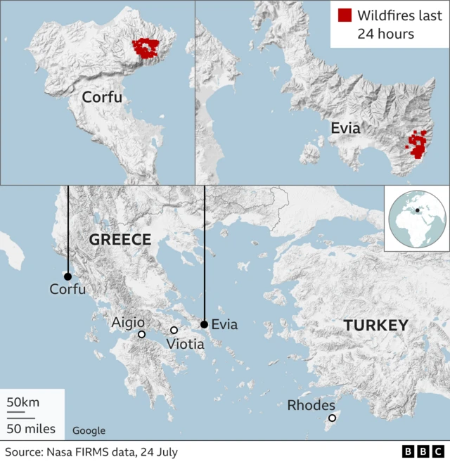 A map showing location of fires in the Greek islands