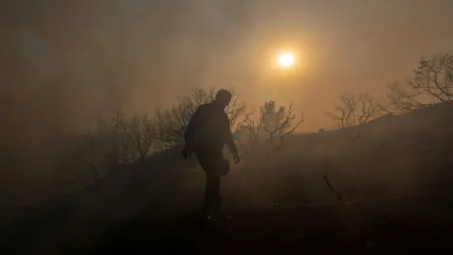 A police officer walks amid the smoke in a charred landscape