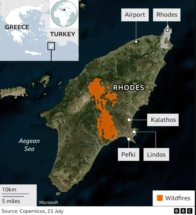 An annotated satellite images showing areas affected by wildfires on the Greek island of Rhodes