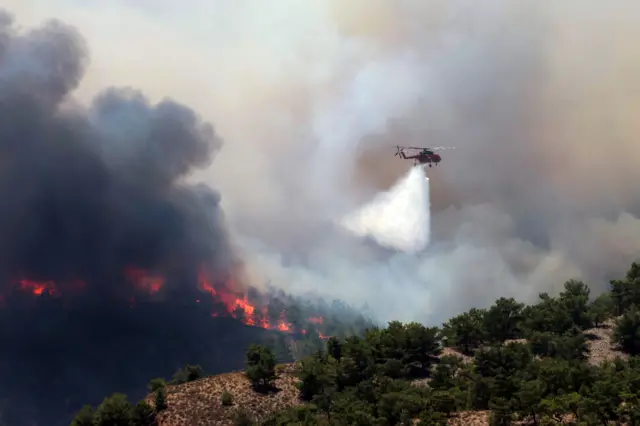 A helicopter sprays water to douse burning trees below