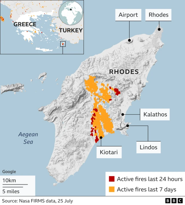 A map showing the locations of wildfires on Rhodes from the last 7 days and the last 24 hours