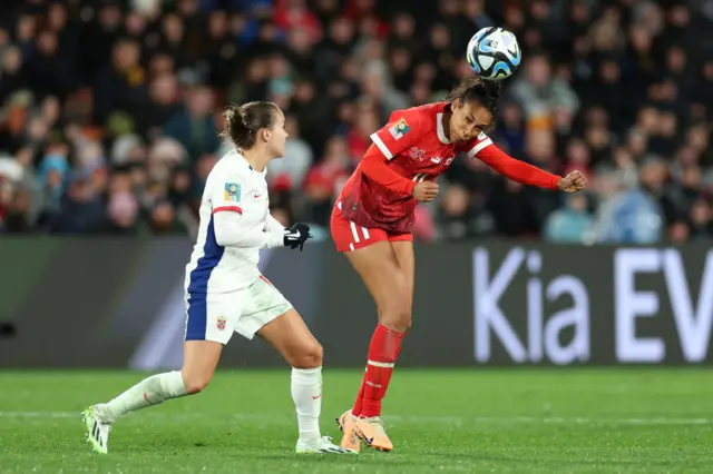 Coumba Sow of Switzerland controls the ball against Guro Reiten of Norway