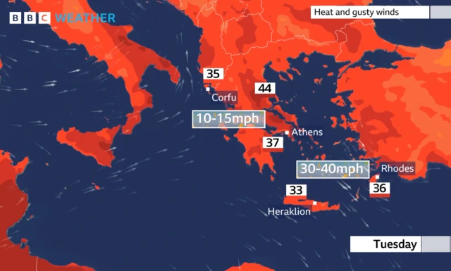 A map shows the heatwave and wind gusts across Greece