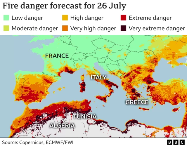 Map highlighting areas of the Mediterranean at risk of wildfires