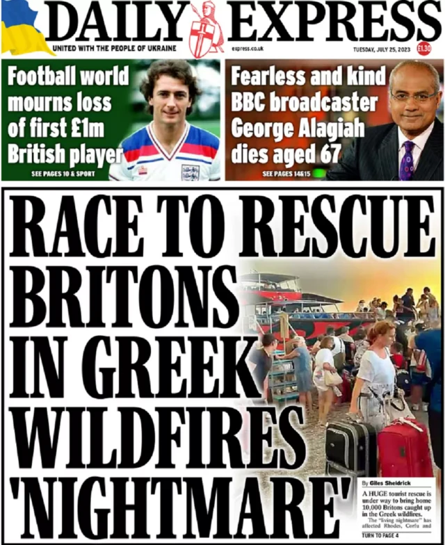 The front page of the Daily Express with the headline: "Race to rescue Britons in Greek wildfires 'nightmare'"