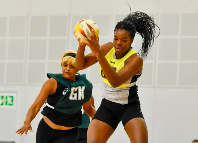 Grace Nweke of New Zealand and Lauren Ngwira of Malawi during the Netball World Cup 2023, warm up match between New Zealand and Malawi, on 25 July in Cape Town, South Africa.