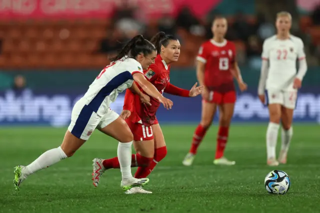 Ramona Bachmann of Switzerland controls the ball against Vilde Boe Risa of Norway