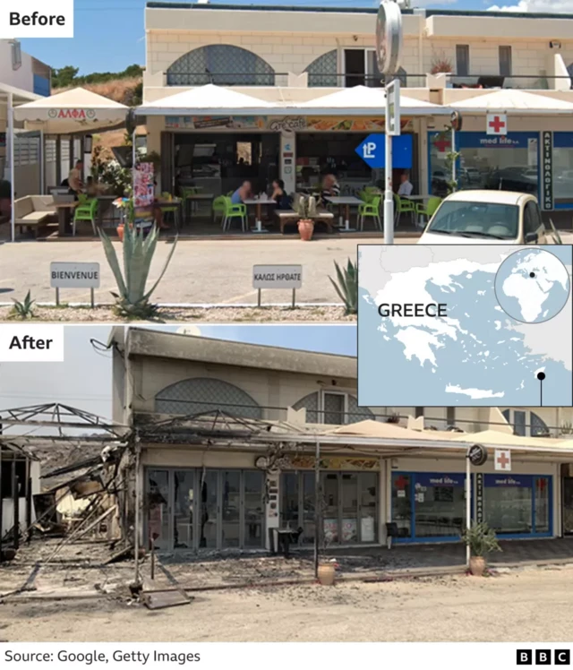 Before/after images showing buildings damaged by fire in the coastal resort town of Kiotari on Rhodes