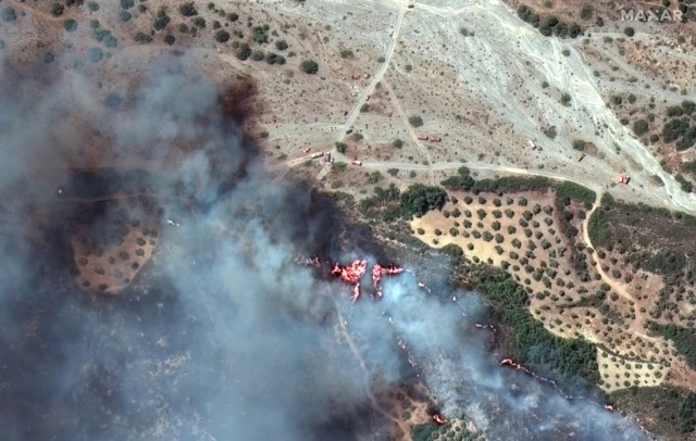 Satellite image shows fire fighting crews in Rhodes