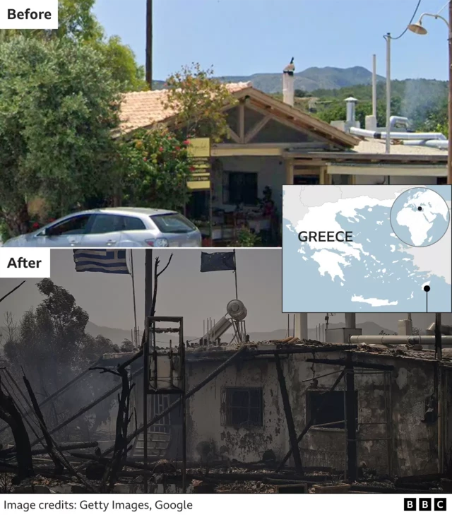 Before/after images showing buildings damaged by fire