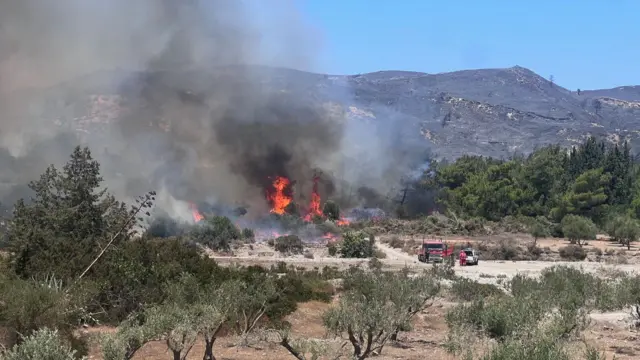 A fire engine parked near a fire in scrub