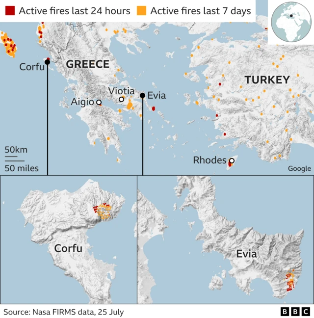 A map showing the locations of wildfires across Greece from the last 7 days and the last 24 hours