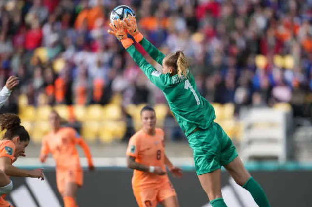 Daphne van Domselaar of the Netherlands plays the ball during the first half