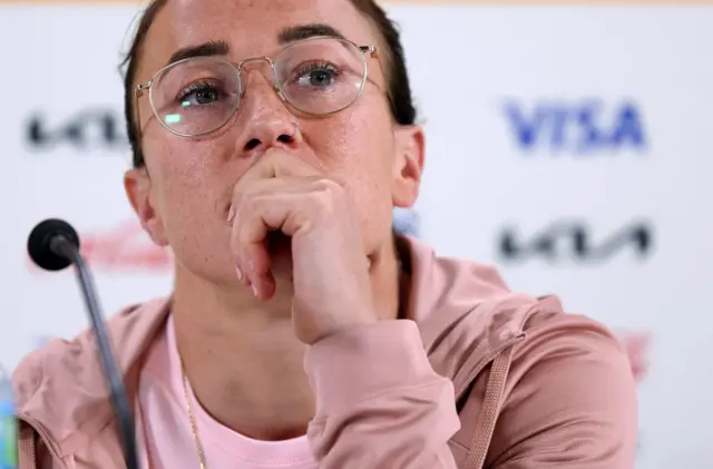 Lucy Bronze sits deep in thought at the Denmark press conference.