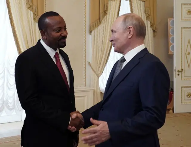 Russian President Vladimir Putin meets with Ethiopia's Prime Minister Abiy Ahmed in Strel'na, outside Saint Petersburg, on July 26, 2023, ahead of the second Russia-Africa summit.