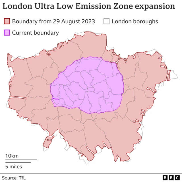 Map shows current Ulez boundary and the proposed expansion boundary