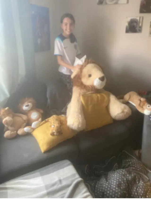 A youg England fan with her pride of Lions stuffed animals.