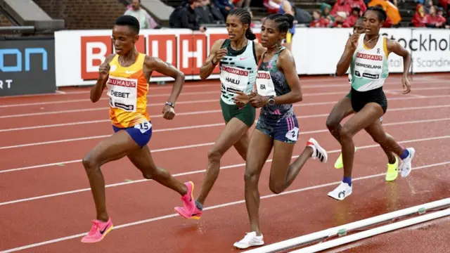 Kenya's Beatrice Chebet, Ethiopia Lemiem Hailu, Ethiopia Medina Eisa and Ethiopia Tsigie Gebreselama compete in the Women's 5000 m competition at the Diamond League gala in Stockholm, Sweden, 02 July 2023.