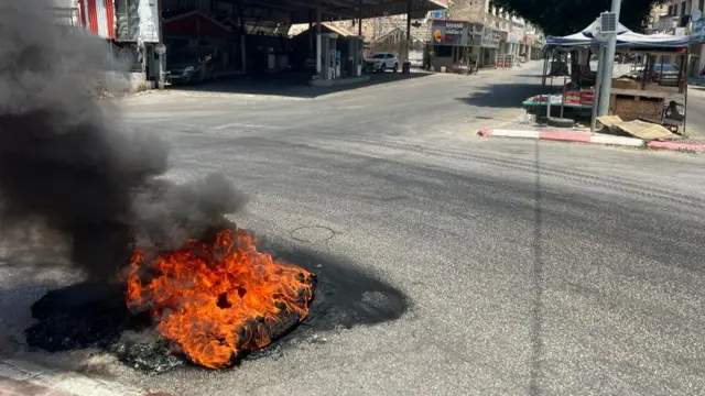 A fire on the street in Jenin