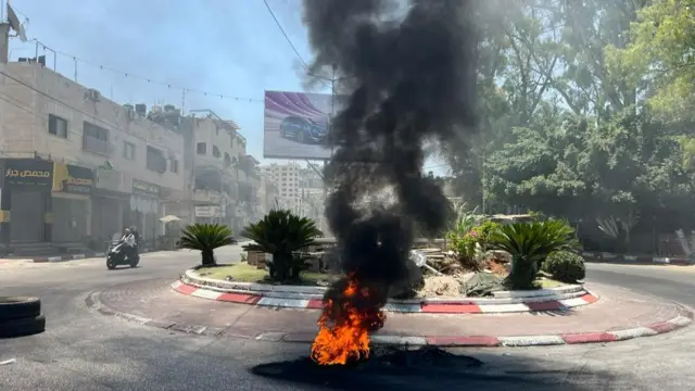 A fire on the street in Jenin