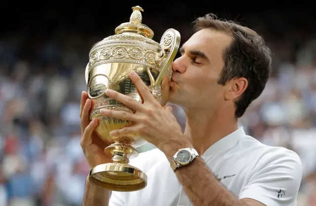 Roger Federer with Wimbledon trophy