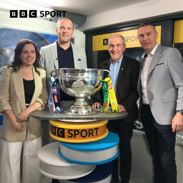 BBC Sport presentation team: Sarah Mulkerrins, Michael Murphy, Mickey Harte and Oisin McConville