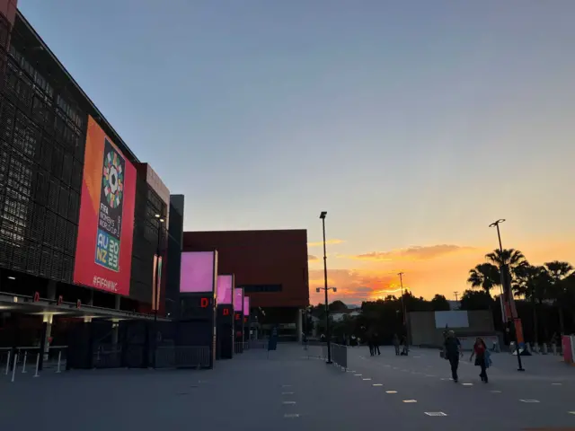 Brisbane Stadium at sunset