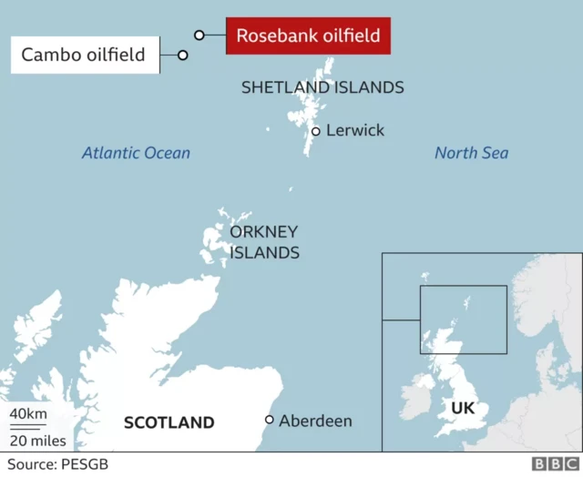 A map showing where Rosebank oil field is, to the west of the Shetland islands off mainland Scotland