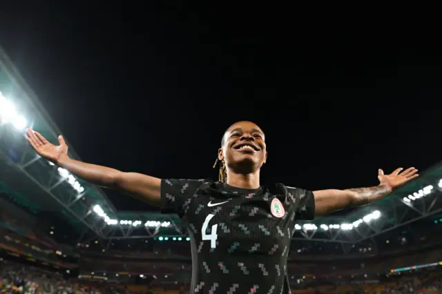 Glory Ogbonna of Nigeria celebrates after their team advanced to the knockouts during the FIFA Women's World Cup Australia & New Zealand