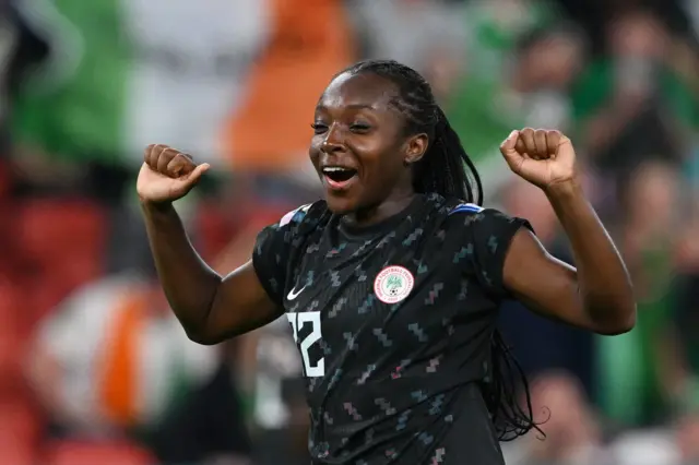 Michelle Alozie of Nigeria celebrates after the team advanced to the knockouts during the FIFA Women's World Cup Australia & New Zealand 2023 Group B match between Ireland and Nigeria at Brisbane Stadium on July 31, 2023