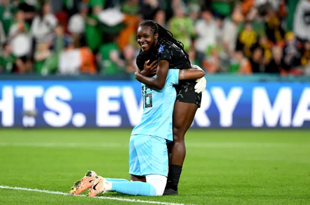 Uchenna Kanu and Chiamaka Nnadozie of Nigeria celebrates after the team advanced to the knockouts during the FIFA Women's World Cup Australia & New Zealand 2023 Group B match between Ireland and Nigeria at Brisbane Stadium on July 31, 2023