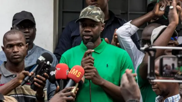 Opposition leader, Ousmane Sonko, addresses his supporters during a meeting in Ziguinchor on May 24, 2023.