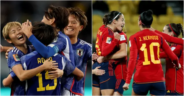 Spain and Japan teams celebrate in huddles after scoring.