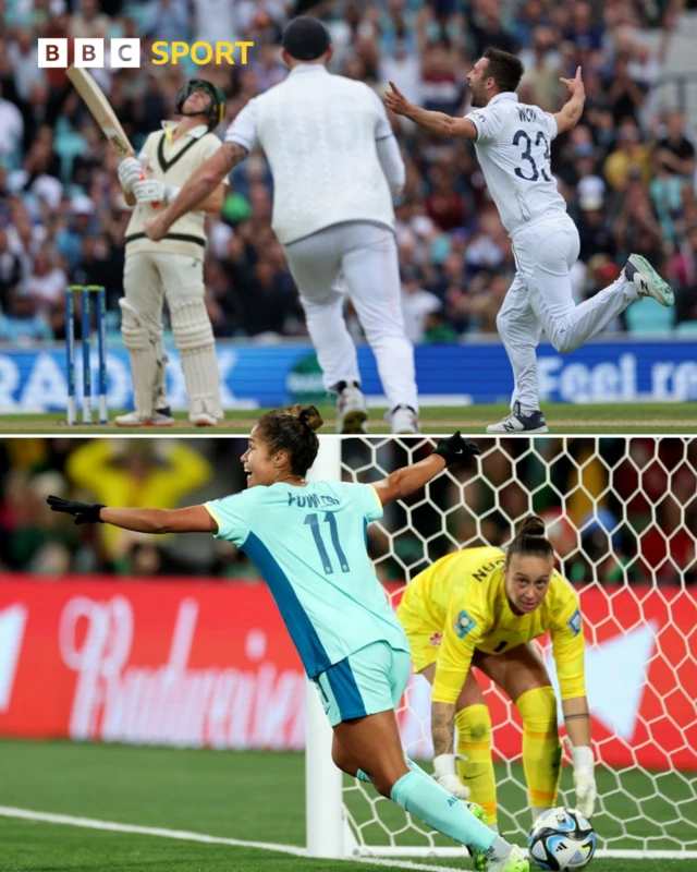 England celebrate a wicket, Fowler celebrates a goal.