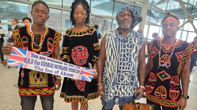 Delegation at Heathrow Airport to welcome the Fon of Akum, George Ndikum II