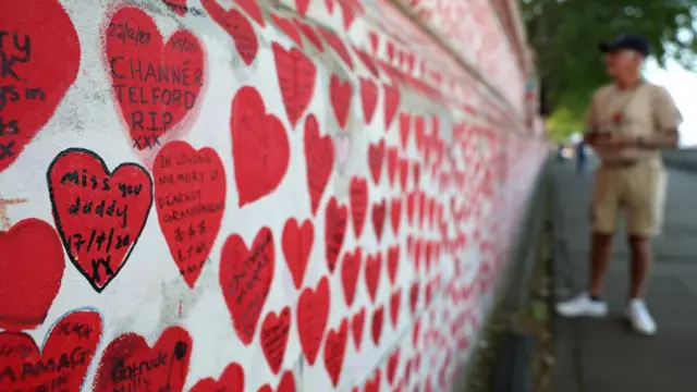 Messages are seen written on the National Covid Memorial Wal