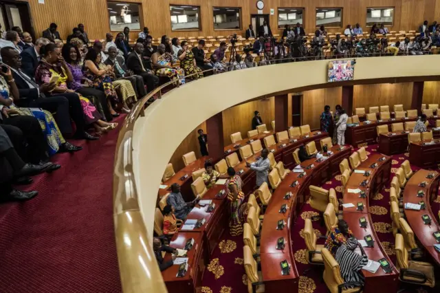 Members of Parliament attend a welcome ceremomy at the Ghana's Parliament for US congressional delegation in Accra, on July 31, 2019