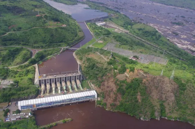 Aerial view taken on December 16, 2013 in Inga shows Inga 1 (rear) and Inga 2 (front) power plants on the Congo river.