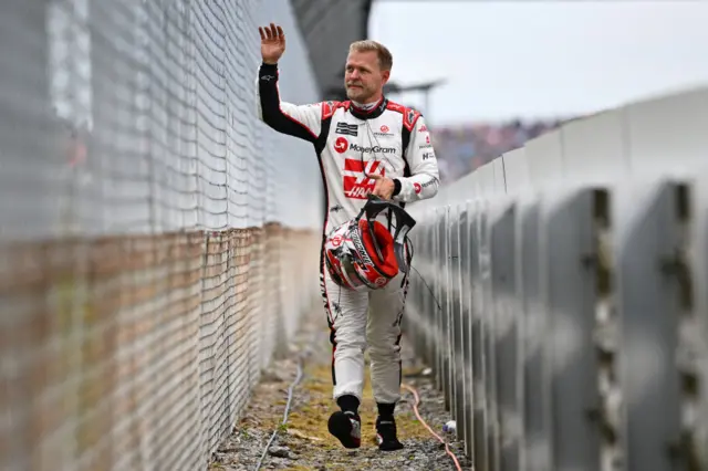 Kevin Magnussen waving to the Silverstone fans.