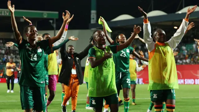 Zambia's players celebrate after winning the women's international friendly soccer match between Germany and Zambia in Fuerth, Germany, 07 July 2023. This is the last friendly match for both nations before the 2023 FIFA Women's World Cup.