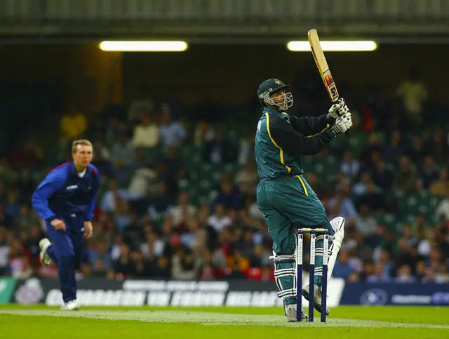 Wasim Akram and Dominic Cork during POwer Cricket Cup match at Millennium Stadium