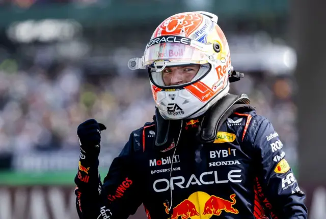 Max Verstappen celebrates securing pole position