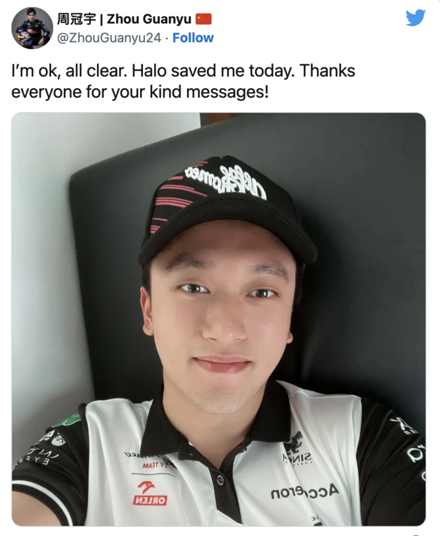 Zhou Guanyu posts a picture of himself saying he is OK after his huge crash at Silverstone