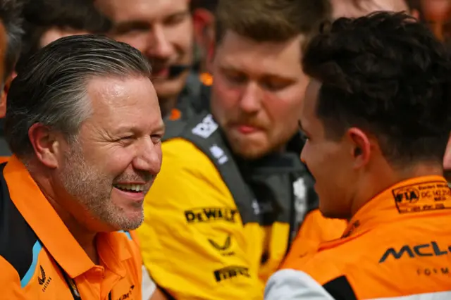 Zak Brown and Lando Norris celebrating McLaren's win.